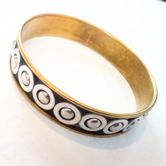 Vintage Two Tone Brass Bangle With Silver Circle Design - Picture 3 of 5